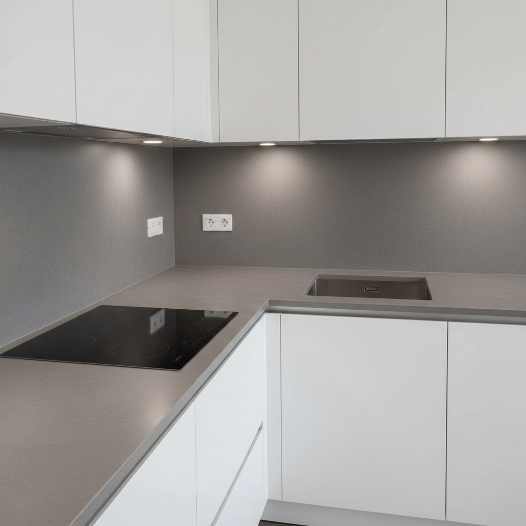 Vista cenital de un amplio mesón de cocina en superficie sólida color gris piedra tipo Krion, con salpicadero del mismo material formando un ángulo perfectamente continuo sin juntas visibles. Sobre la cubierta se aprecia un anafe de inducción empotrado y un fregadero integrado, ambos alineados con precisión. El mesón se enmarca por muebles inferiores blancos de líneas rectas. La iluminación proviene de focos LED empotrados en la parte inferior de los muebles superiores, generando un baño de luz uniforme que destaca el acabado mate y la ausencia de porosidad. La composición es limpia y ordenada, con simetría y enfoque total, transmitiendo una atmósfera profesional, higiénica y funcional, en estilo fotográfico realista ideal para ilustrar soluciones de superficies sólidas para cocinas modernas.