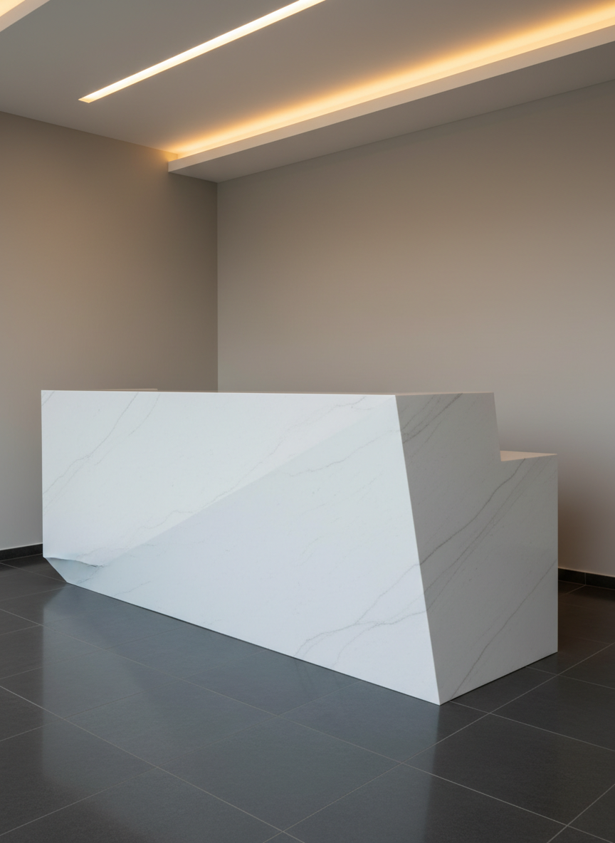 Mostrador de recepción para retail en superficie sólida EleganStone color blanco con vetas sutiles gris perla, diseñado como un volumen monolítico con un pliegue frontal en ángulo, sin uniones visibles. La parte superior presenta un plano limpio y extenso, mientras el frente inclinado refleja delicadamente el piso de porcelanato pulido gris oscuro. El fondo muestra un muro corporativo liso en color neutro, sin elementos distractores. Iluminación combinada de luz natural lateral y líneas LED cálidas embutidas en el cielo, generando brillos controlados en las vetas y un ambiente sofisticado. Toma fotográfica en perspectiva de tres cuartos, a nivel de vista, capturando la presencia escultórica del mostrador y la calidad premium del material en un estilo fotográfico profesional y corporativo.