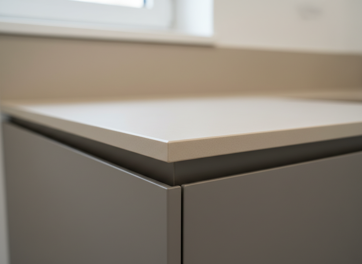 Detalle cercano de una unión imperceptible entre dos planchas de superficie sólida Krion color arena, en una encimera de cocina con canto recto de 4 cm e integración de copete sanitario del mismo material. La cámara se enfoca en la línea donde deberían encontrarse las piezas, mostrando una superficie completamente lisa y continua. De fondo, ligeramente fuera de foco, se distingue un muro blanco y parte de un mueble inferior en gris grafito. La iluminación es suave y difusa, proveniente de luz natural filtrada, resaltando la transición perfecta y la textura sedosa mate. Composición macro, con profundidad de campo muy reducida, enfatizando la precisión en la fabricación y la calidad de la instalación, en un estilo fotográfico hiperrealista y técnico.