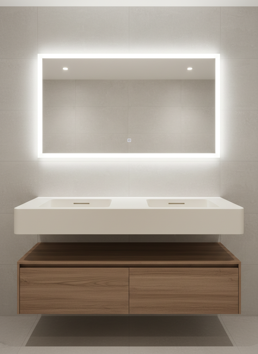 Un elegante vanitorio de baño fabricado en superficie sólida Staron color marfil, con lavamanos doble integrado y faldón frontal grueso que flota sobre un muro revestido en porcelanato gris claro. La superficie muestra cantos suaves, rebalse oculto y uniones invisibles, destacando su continuidad impecable. Debajo, un mueble suspendido en melamina tipo madera nogal aporta contraste. Dos delgadas ranuras lineales fresadas en la cubierta actúan como desagües modernos. Luz blanca neutra proveniente de un espejo retroiluminado baña homogéneamente la escena, sin sombras duras. Fotografía frontal a la altura de la superficie, con nitidez total, reforzando una sensación de higiene, diseño de alta gama y precisión en la instalación, en un estilo fotográfico limpio y contemporáneo.