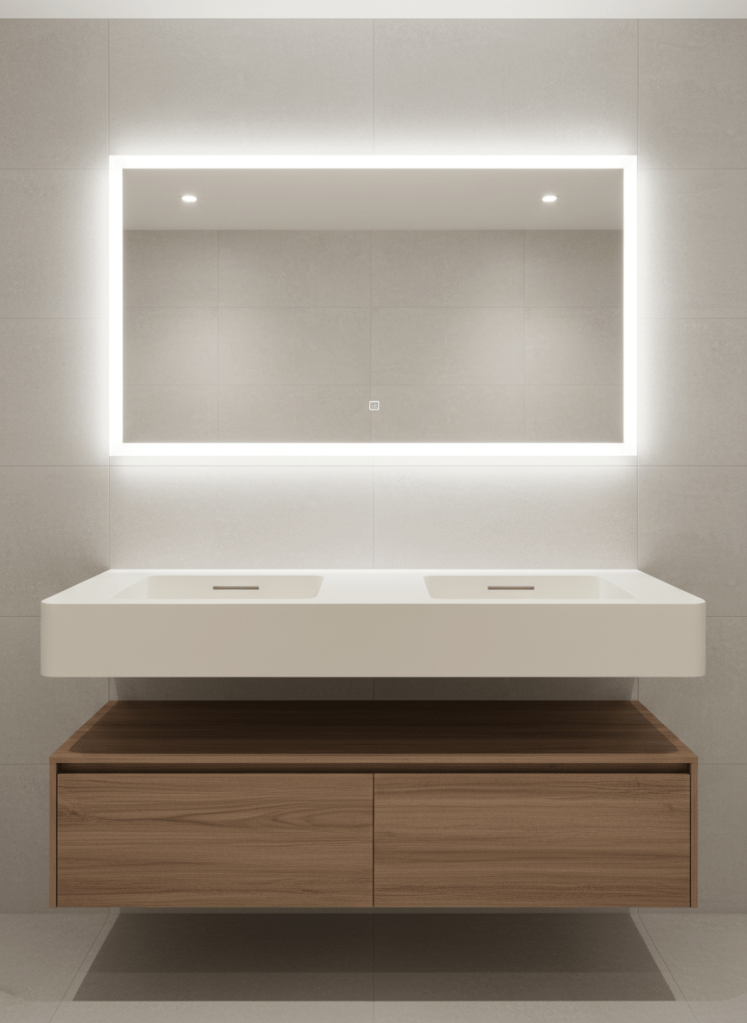 Un elegante vanitorio de baño fabricado en superficie sólida Staron color marfil, con lavamanos doble integrado y faldón frontal grueso que flota sobre un muro revestido en porcelanato gris claro. La superficie muestra cantos suaves, rebalse oculto y uniones invisibles, destacando su continuidad impecable. Debajo, un mueble suspendido en melamina tipo madera nogal aporta contraste. Dos delgadas ranuras lineales fresadas en la cubierta actúan como desagües modernos. Luz blanca neutra proveniente de un espejo retroiluminado baña homogéneamente la escena, sin sombras duras. Fotografía frontal a la altura de la superficie, con nitidez total, reforzando una sensación de higiene, diseño de alta gama y precisión en la instalación, en un estilo fotográfico limpio y contemporáneo.