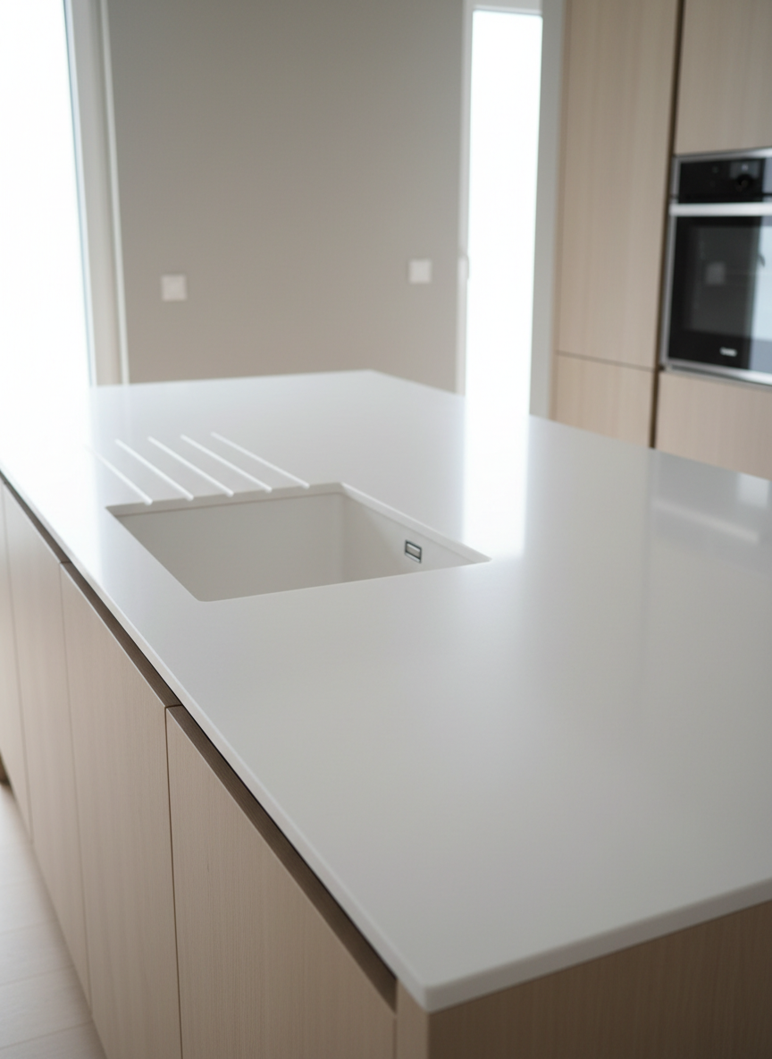 Una amplia cubierta de cocina en superficie sólida blanca tipo Corian, con uniones imperceptibles y bordes suavemente redondeados, integrada con un lavaplatos del mismo material y un escurridor fresado. La cubierta se extiende en forma de isla sobre muebles inferiores en madera clara minimalista. El entorno es una cocina contemporánea en tonos neutros, con muro liso gris claro y electrodomésticos empotrados. Luz natural suave entra por una ventana lateral, creando reflejos sutiles y sombras delicadas que resaltan la textura sedosa y mate. Fotografía a nivel de encimera, con enfoque nítido en la superficie y fondo ligeramente desenfocado, transmitiendo sensación de limpieza, modernidad y alta calidad, en un estilo realista y profesional, ideal para portada de sitio web de fabricación de superficies sólidas.