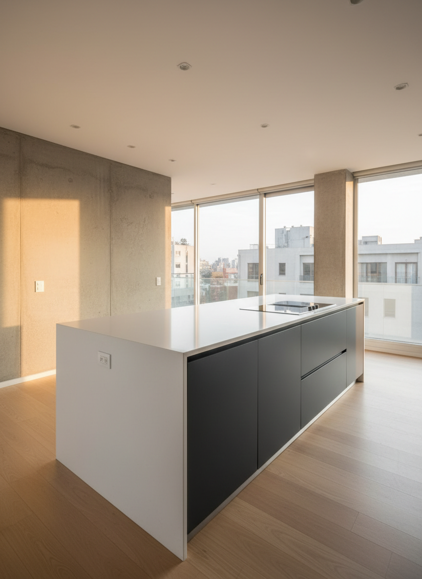 Una amplia isla central de cocina en superficie sólida bicolor: plano superior en Corian blanco puro y faldones laterales en tono gris oscuro, formando un bloque en forma de "waterfall" que cae hasta el piso sin cortes visibles. Sobre la isla, una placa de cocción enrasada y una zona de preparación despejada. El entorno es una cocina abierta tipo loft en Santiago, con piso de madera clara y muro de hormigón a la vista. La iluminación combina luz natural de tarde entrando por ventanales y focos empotrados superiores, creando contrastes suaves y reflejos discretos. Fotografía en gran angular a nivel de vista, con ligera perspectiva diagonal, resaltando volúmenes, proporciones y el carácter protagonista de la superficie sólida en un ambiente moderno y chileno.