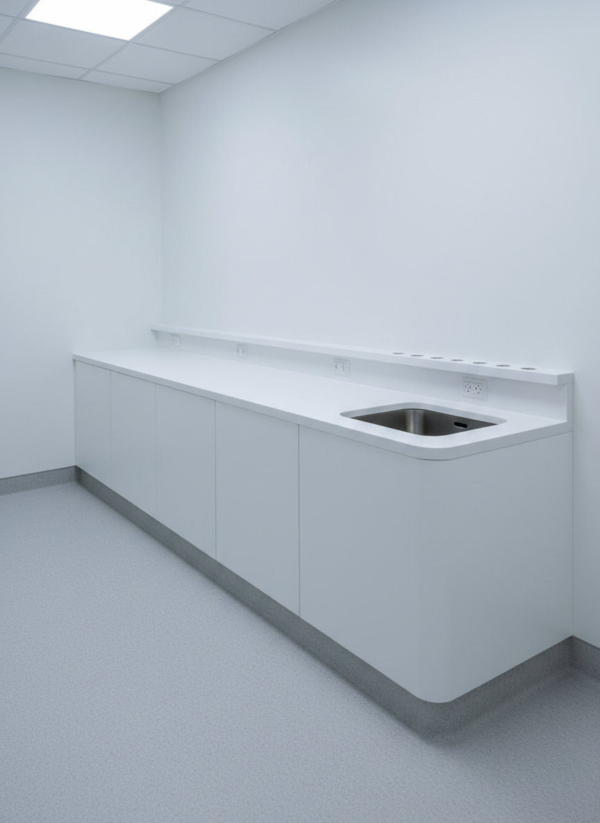 Un mesón clínico de superficie sólida blanca tipo Corian se extiende a lo largo de un muro en una sala de procedimientos, con cubeta profunda integrada, esquinas interiores redondeadas y zócalo sanitario curvo que se eleva suavemente desde el piso vinílico gris claro. La cubierta incorpora una pequeña repisa posterior continua para instrumental. El entorno es completamente funcional y minimalista, con muros blancos lisos y muebles inferiores modulados sin tiradores. Iluminación LED fría y uniforme desde el cielo falso, sin brillos excesivos, resaltando la continuidad del material y su carácter no poroso e higiénico. Fotografía en ángulo ligeramente elevado y diagonal, mostrando la longitud completa del mesón y detalles de terminación, en estilo realista y técnico, ideal para sitio de superficies sólidas en salud.