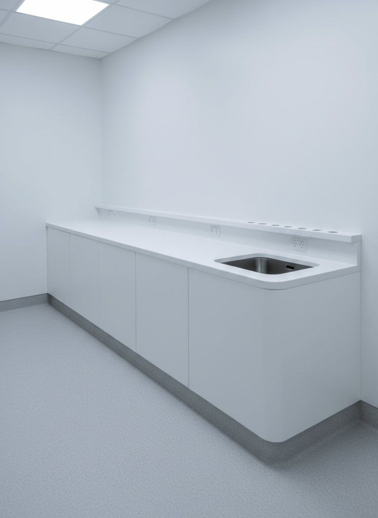 Un mesón clínico de superficie sólida blanca tipo Corian se extiende a lo largo de un muro en una sala de procedimientos, con cubeta profunda integrada, esquinas interiores redondeadas y zócalo sanitario curvo que se eleva suavemente desde el piso vinílico gris claro. La cubierta incorpora una pequeña repisa posterior continua para instrumental. El entorno es completamente funcional y minimalista, con muros blancos lisos y muebles inferiores modulados sin tiradores. Iluminación LED fría y uniforme desde el cielo falso, sin brillos excesivos, resaltando la continuidad del material y su carácter no poroso e higiénico. Fotografía en ángulo ligeramente elevado y diagonal, mostrando la longitud completa del mesón y detalles de terminación, en estilo realista y técnico, ideal para sitio de superficies sólidas en salud.