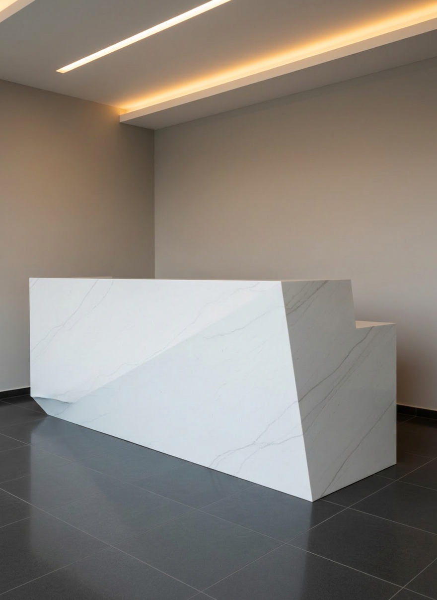 Mostrador de recepción para retail en superficie sólida EleganStone color blanco con vetas sutiles gris perla, diseñado como un volumen monolítico con un pliegue frontal en ángulo, sin uniones visibles. La parte superior presenta un plano limpio y extenso, mientras el frente inclinado refleja delicadamente el piso de porcelanato pulido gris oscuro. El fondo muestra un muro corporativo liso en color neutro, sin elementos distractores. Iluminación combinada de luz natural lateral y líneas LED cálidas embutidas en el cielo, generando brillos controlados en las vetas y un ambiente sofisticado. Toma fotográfica en perspectiva de tres cuartos, a nivel de vista, capturando la presencia escultórica del mostrador y la calidad premium del material en un estilo fotográfico profesional y corporativo.